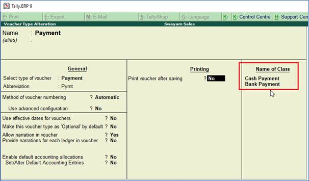 Voucher Classes for Payment and Receipt Voucher in TallyErp9